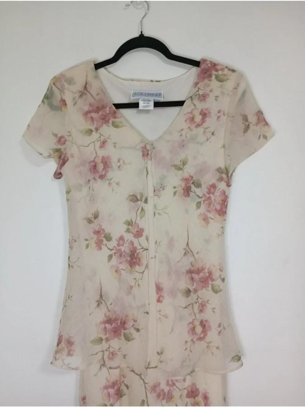 Jessica Howard Floral Print Dress Short Sleeve Size 10 Beige Pink Maxi